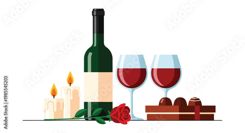 Romantic still life featuring wine roses and lit candles