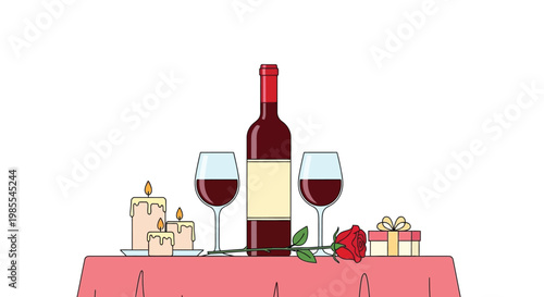Romantic dinner setup with wine roses and candles on a table