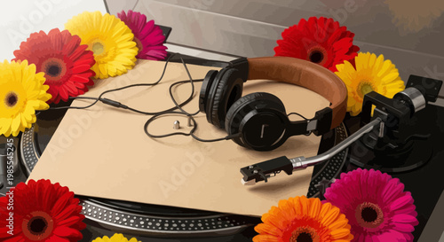 Turntable with Vinyl Record and Headphones Surrounded by Vibrant Gerbera Daisies in a Cartoon Style Illustration