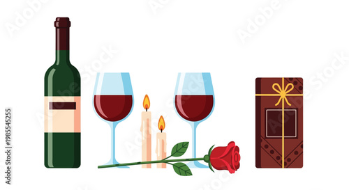 Romantic dinner setting featuring wine roses and a gift box