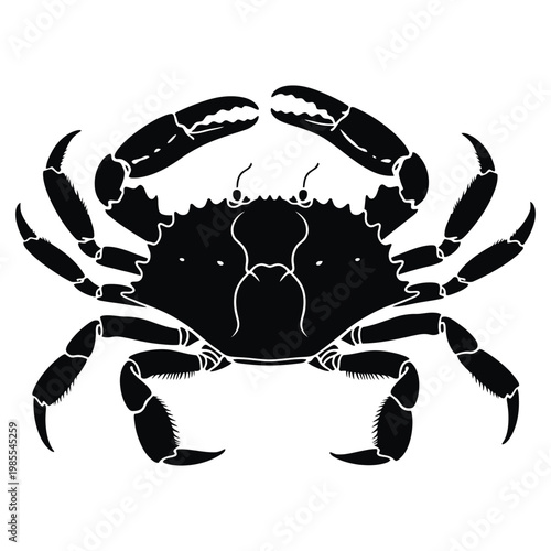 A striking black crab illustration with detailed claws and body presented as a silhouette