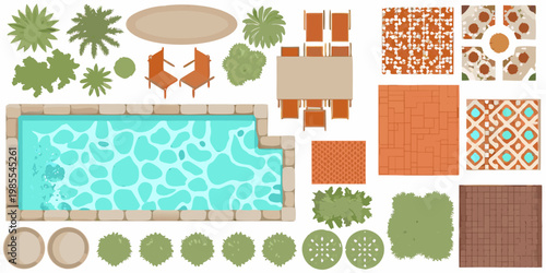 An aerial view illustration of a poolside outdoor living space