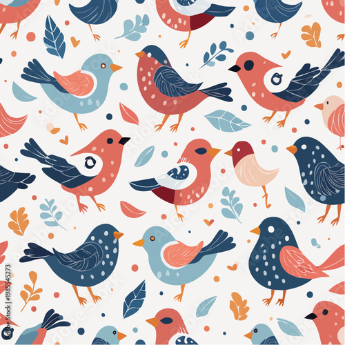 Vibrant seamless pattern showcasing a delightful collection of diverse stylized birds and natural foliage on a clean background