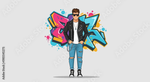 Vector illustration of a stylish man in black leather jacket posing against vibrant graffiti art; urban fashion design for print