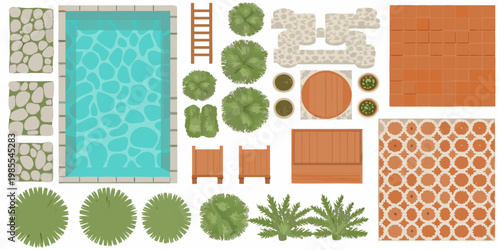 Aerial view of a pool and surrounding outdoor furniture arrangement