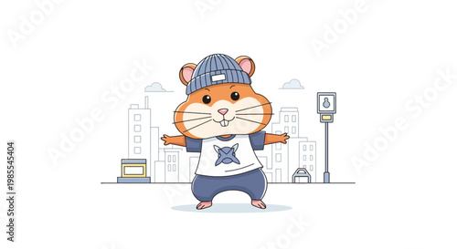 Cartoon hamster character wearing a beanie in a city backdrop vector illustration with cute facial expression and playful pose