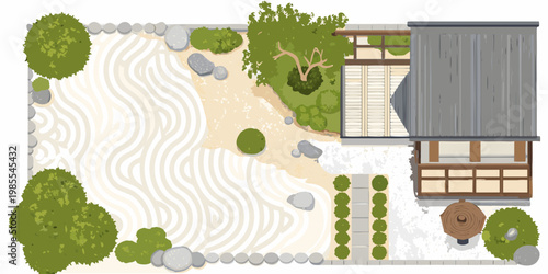 Overhead view of a traditional japanese zen garden with rocks and trees