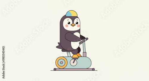 Cartoon penguin exercising on stationary bike with yellow and blue hat set against a clean beige background in adorable vector illustration style