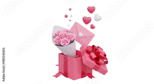 A delightful pink gift box overflowing with a bouquet of roses and love letters, symbolizing romance and heartfelt affection