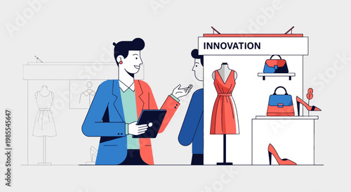 Fashion retail professional presenting new collection of dress handbags and heels at innovation trade show event in trendy vector style