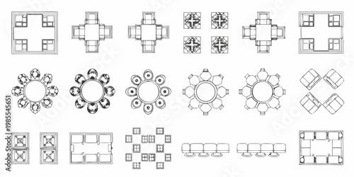 Architectural floor plans tables and rooms in top down view