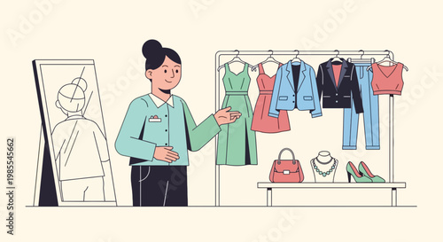 Fashion store with stylist suggesting clothes to customer reflected in mirror showcasing dress jacket and accessories on rack in flat vector style