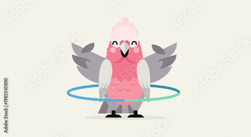Illustration of a pink galah cockatoo with gray wings hula hooping against a white background in a cartoon style simple shapes flat design