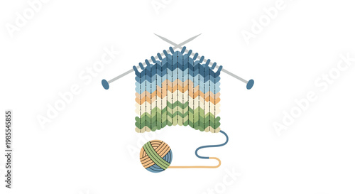 Illustration of colorful knitted swatch with knitting needles and yarn ball in green blue and orange tones on a white background
