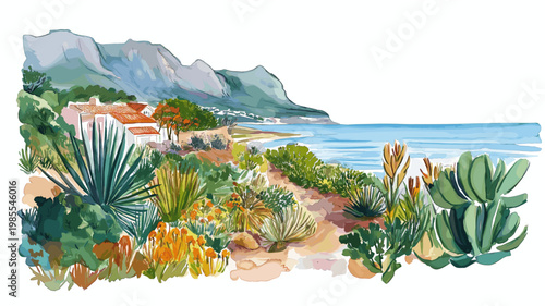 Garden Route. Garden Route hand drawn watercolor illustration on white background