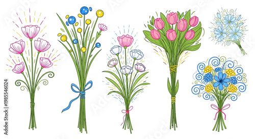 A charming collection of vibrant hand-drawn floral bouquets, featuring diverse colorful blossoms and leafy stems, perfect for conveying joy, beauty, and heartfelt expressions