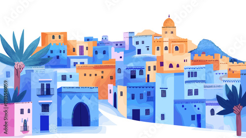 Chefchaouen Blue City. Chefchaouen Blue City hand drawn watercolor illustration on white background