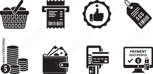 E-commerce icons, business symbols, payment signs, shopping graphics, financial logos