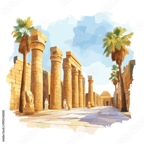 Karnak Temple. Karnak Temple hand drawn watercolor illustration on white background