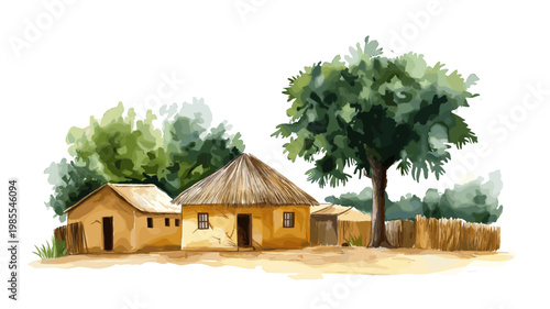 Koutammakou. Koutammakou hand drawn watercolor illustration on white background