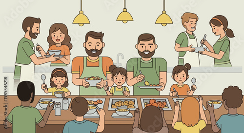 People enjoying a community meal at a buffet in cartoon style illustration; volunteers serving food at a soup kitchen event family eating