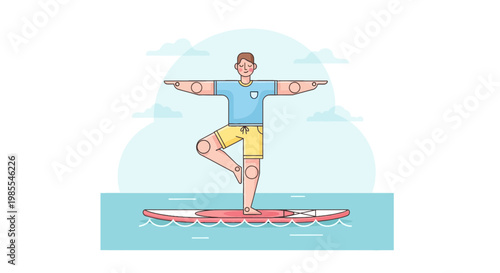 Person balances in tree yoga pose on paddleboard in vector illustration with serene blue background; calm summer sports training
