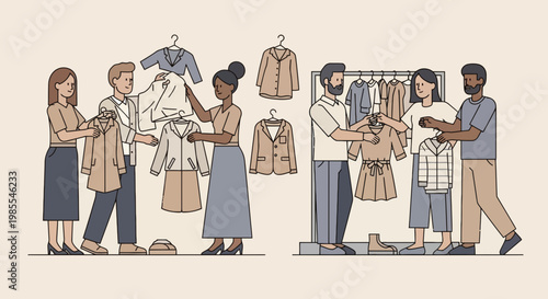 People shopping for clothes at a boutique or thrift store selecting items from racks and hangers in a stylized vector illustration