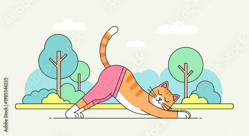 Playful cartoon cat in downward dog yoga pose with pink pants in a park setting illustration; vector drawing with cute design