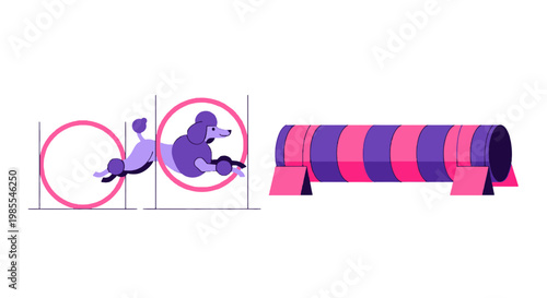 Poodle dog agility course vector illustration featuring pink hoops and a purple and pink striped tunnel on a white background