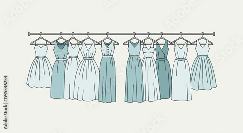 Rack of elegant pastel blue dresses on hangers for a boutique collection featuring various necklines and skirt styles in a fashion forward showcase