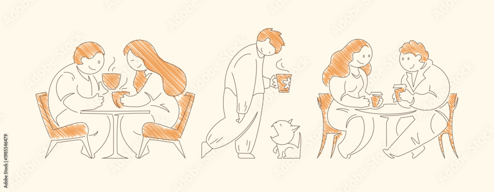 Fototapeta premium Three scenes featuring a couple drinking coffee together at table person pouring morning coffee and intimate conversation moment Line art vector illustration