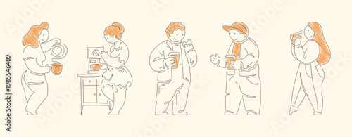 Five people sequentially preparing and drinking coffee. Sequential poses and equipment interaction convey barista workflow, cafe teamwork and beverage service process. Line art vector illustration