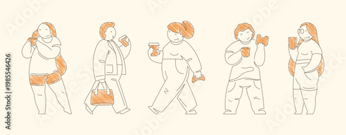 Five people enjoying takeaway coffee in various relaxed poses. Diverse drinking gestures and smiling expressions convey social cafe gathering, group leisure. Line art vector illustration