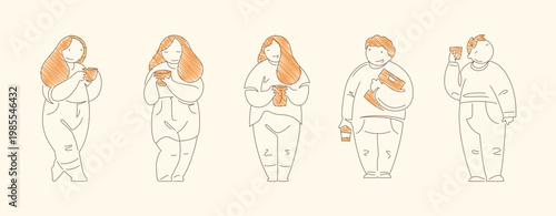 Minimalist line art of people holding coffee cups in various relaxed drinking poses. Sequential arrangement and diverse gestures convey casual coffee enjoyment, social interaction and beverage culture