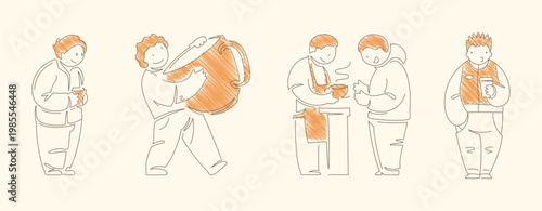 Set of four coffee shop characters in relaxed poses including a man drinking coffee, a barista serving a person, courier carrying a large cup and a man enjoying coffee Line art vector illustration