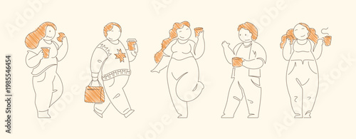 Set of five diverse characters enjoying coffee in various poses including drinking dancing gesturing with cookie and sandwich Line art vector illustration