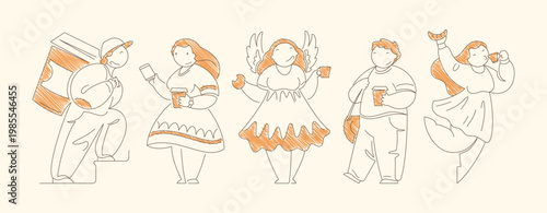 Set of five diverse coffee scenes featuring delivery courier mobile order ecstatic character with wings walking person and dancing with croissant Line art vector illustration