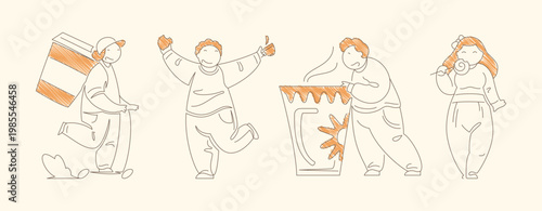 Set of four joyful characters in dynamic poses including a courier on scooter a dancing boy with cookie a man with coffee mug and a girl with lollipop Line art vector illustration