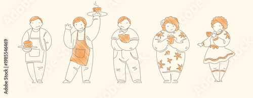 Set of five cafe service characters including waitress carrying burgers delivery courier with tray person reading menu and two people enjoying coffee drinks Line art vector illustration