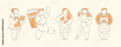 Set of five food service characters including waitress with notepad delivery courier person pouring coffee drinker and burger carrier Line art vector illustration