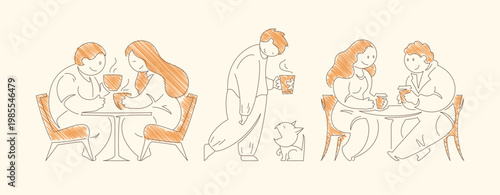 Three scenes featuring a couple drinking coffee together at table person pouring morning coffee and intimate conversation moment Line art vector illustration