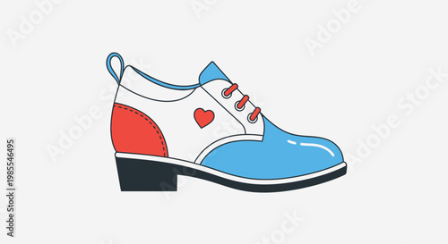 Stylish oxford shoe illustration in blue white and red with heart detail vector art footwear design on a clean background