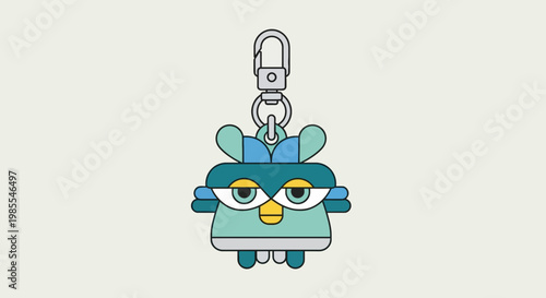 Adorable cartoon owl keychain with a clip featuring whimsical teal blue and yellow colors in a flat vector style for design