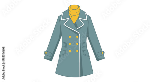 Teal trench coat with yellow turtleneck double-breasted white trim winter clothing vector illustration for fashion design and apparel mockups