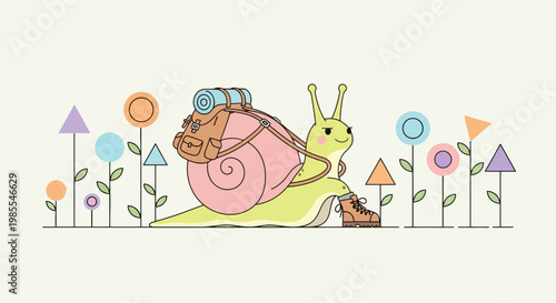 Cartoon snail hiker with backpack and boots travels among colorful geometric flowers vector illustration in cute whimsical style on white background