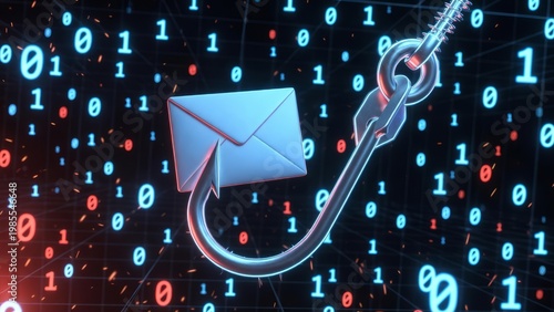 3D digital illustration of a metallic fish hook catching a blue envelope against a background of glowing binary code representing data phishing