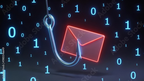 Cybersecurity concept featuring a glowing red envelope caught on a sharp metal hook representing a phishing email attack