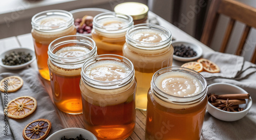 Jars of homemade tea with spices and dried fruits on wooden table  