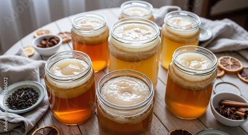 Various jars of homemade kombucha on a wooden table with spices  