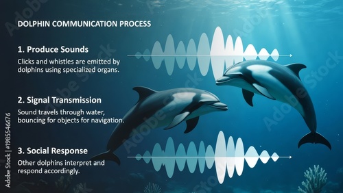 Educational infographic explaining the dolphin communication process including sound production and social response